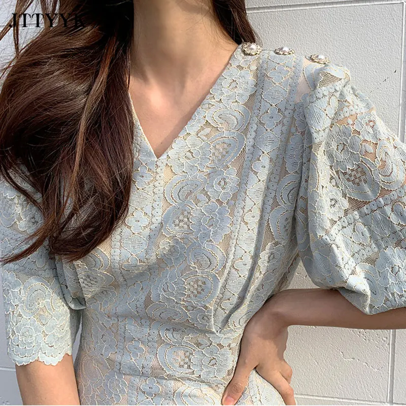 

2021Spring Short sleeve Lace V-neck Dress Woman Summer Casual Dress Fish tail bodycon dress Women Solid color Sundress bodycon