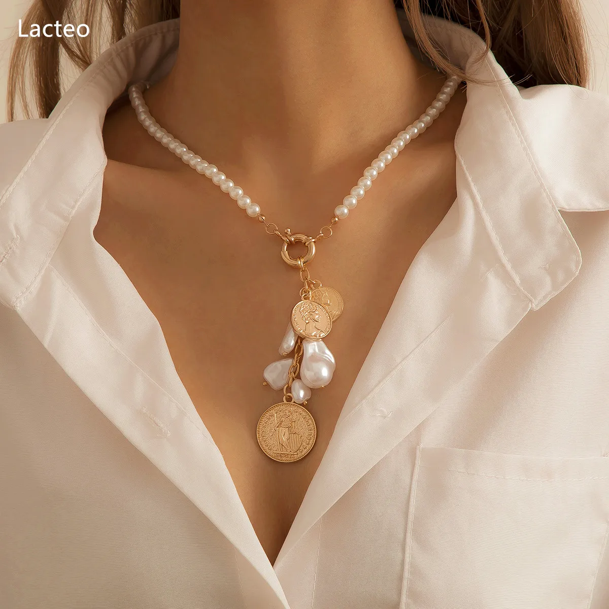 

Lacteo Bohemian Imitation Pearl Chain Choker Necklace Vintage Carved Coin Virgin Mary Statue Pendant Necklace For Women Jewelry