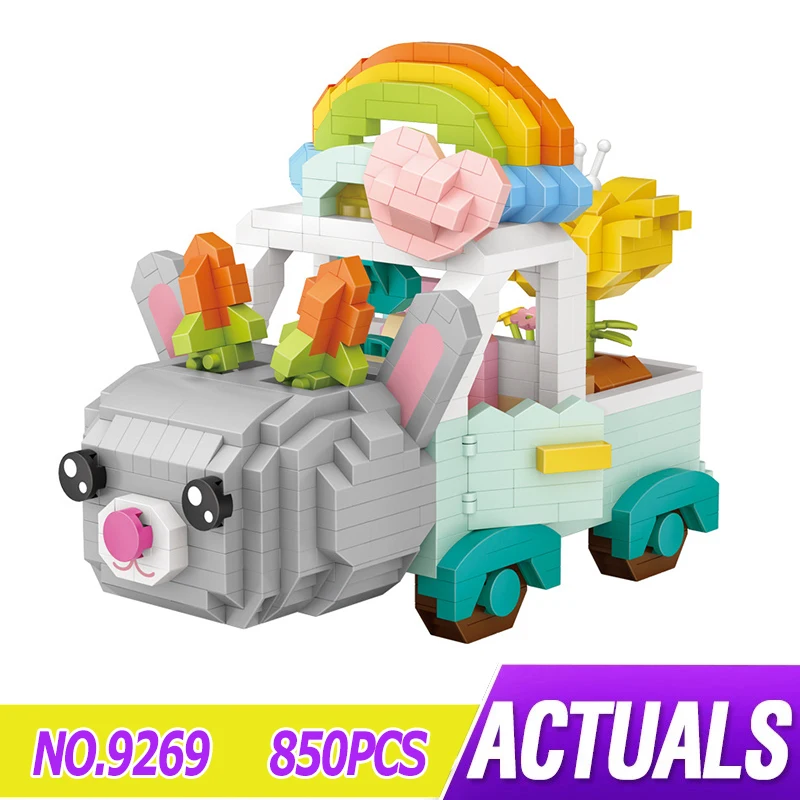 

LOZ 9269 миниатюрный кролик, Радужный автомобиль, собранный, строительные блоки, кирпичи, украшение, Детская развивающая игрушка, Рождественск...