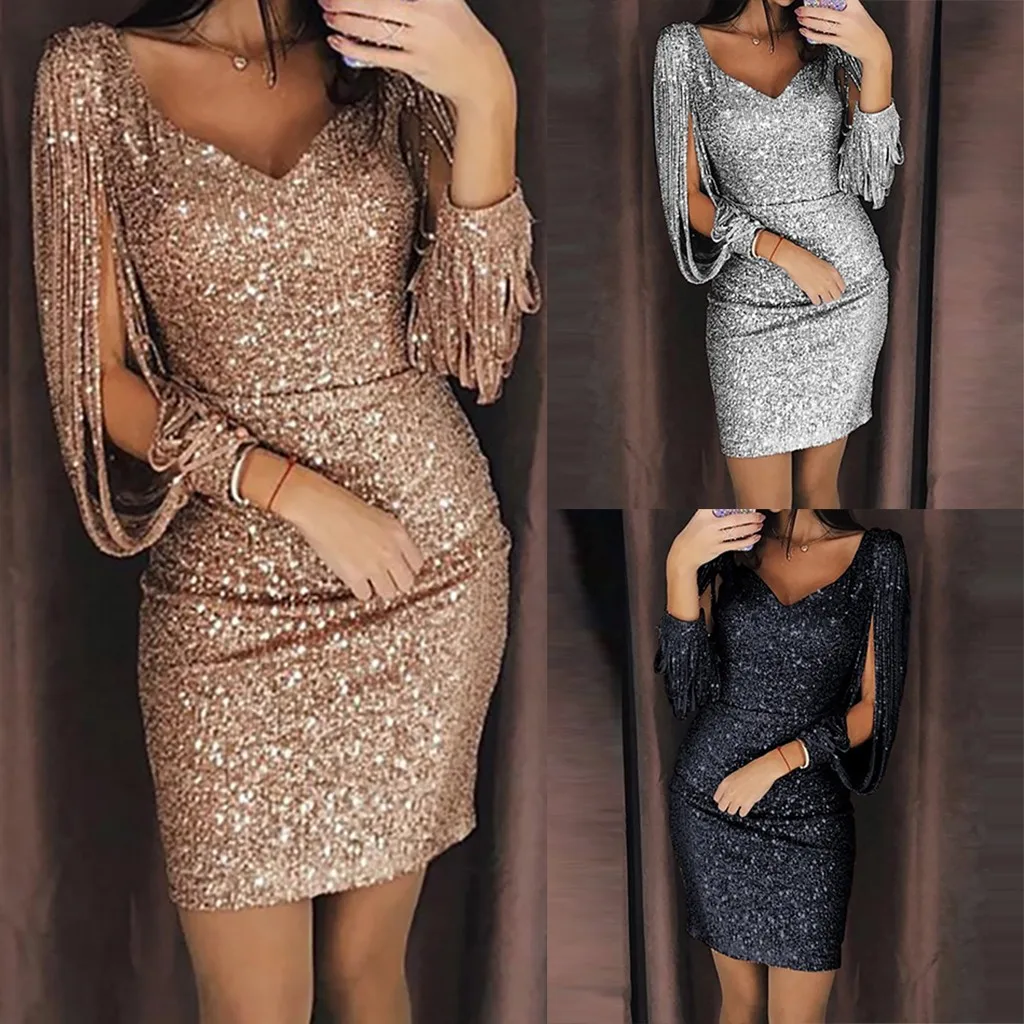 

Dress sexy VNeck solid sequins sewing shiny sheath long-sleeved gowns