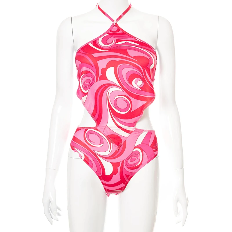 

2021 Summer New Fashion Women Basic Halter Bodysuits,Sexy Sleeveless Backless Geometric Print Leotard Tops