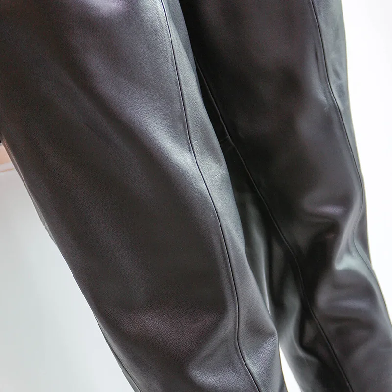 

Harem Genuine Leather Loose Pants Real Leather Women Fashion Black Sheepskin Ladies Ankle Length Trousers Female Casual Clothes