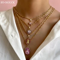trendy new pink crystal heart star pendants long necklace for women multi layer metal twisted chain wedding jewelry gifts