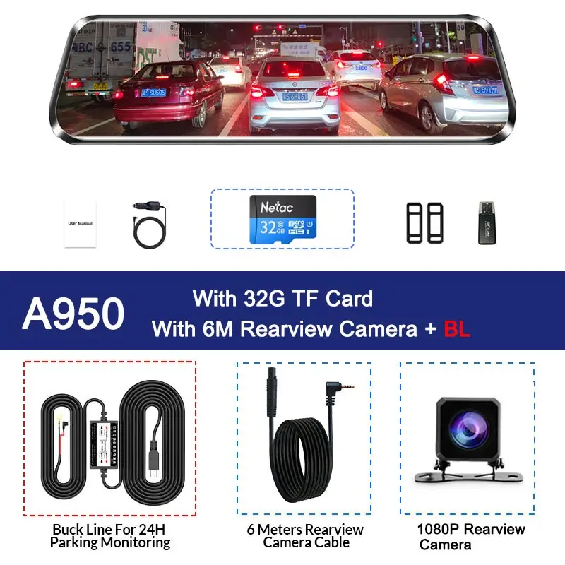 A950 -6M RC-32G-BL Двойной 1080P 1" поток зеркало заднего вида автомобиля DVR 2.5D экран супер ночного видения Dash Cam камера видео рекордер Авто Регистратор - Название цвета: A950 -6M RC-32G-BL