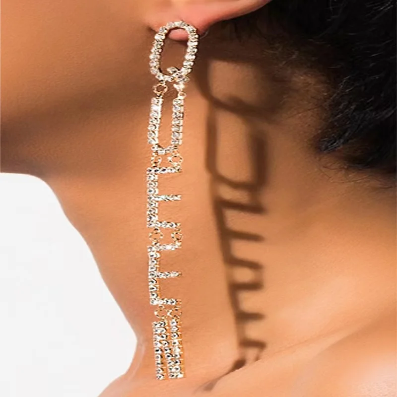 

Exaggerated Queen Rhinestone Earrings for Women Fashion Long Letters Pendant Earring Fashion Shiny Party Costume Jewelry