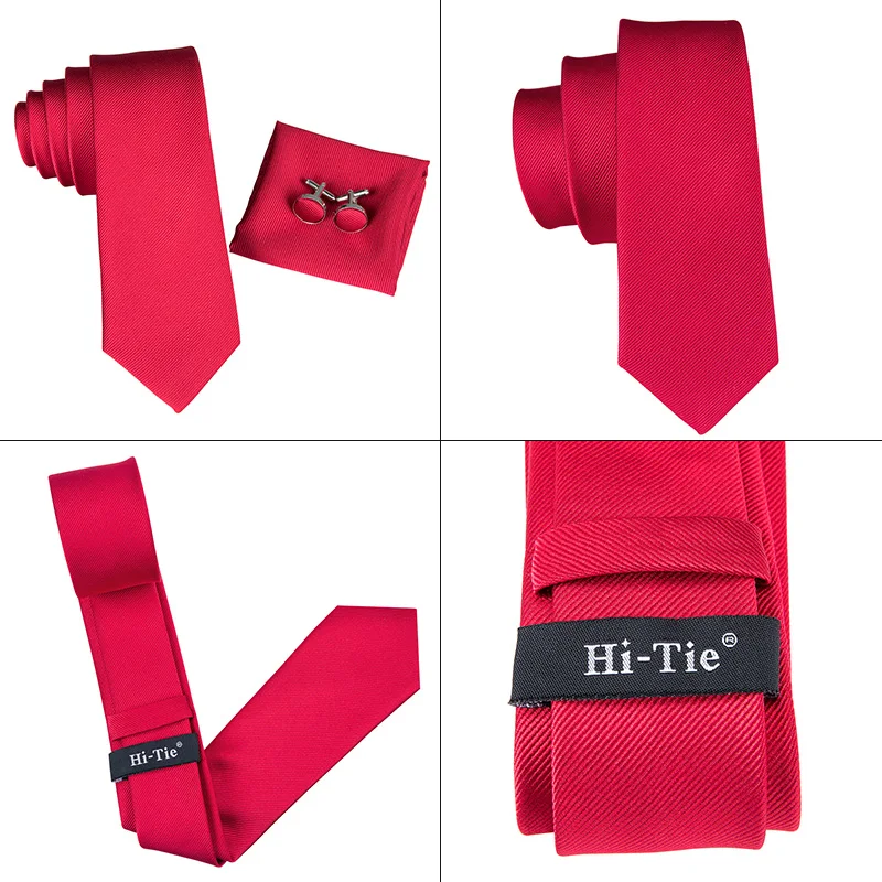 Hi-Tie 6 см тонкий галстук сплошной Шелковый тканый красный синий простой цвет галстук носовой платок запонки набор мужские вечерние свадебные Узкий Тонкий галстук на шею