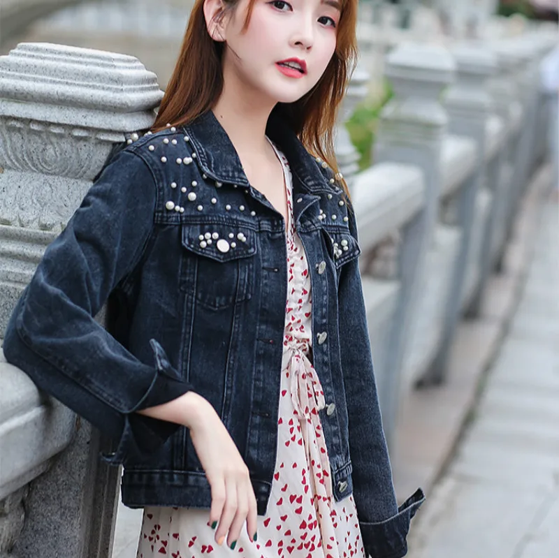 Элегантные жемчужные бусины короткие джинсовые куртки для женщин с длинным