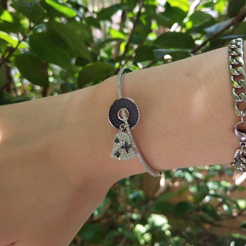 

Real 925 Sterling Silver Jewelry Navy Blue Disc and White Bell Bangle Luxury Cubic Zirconia Open Cuff Bracelet for Women