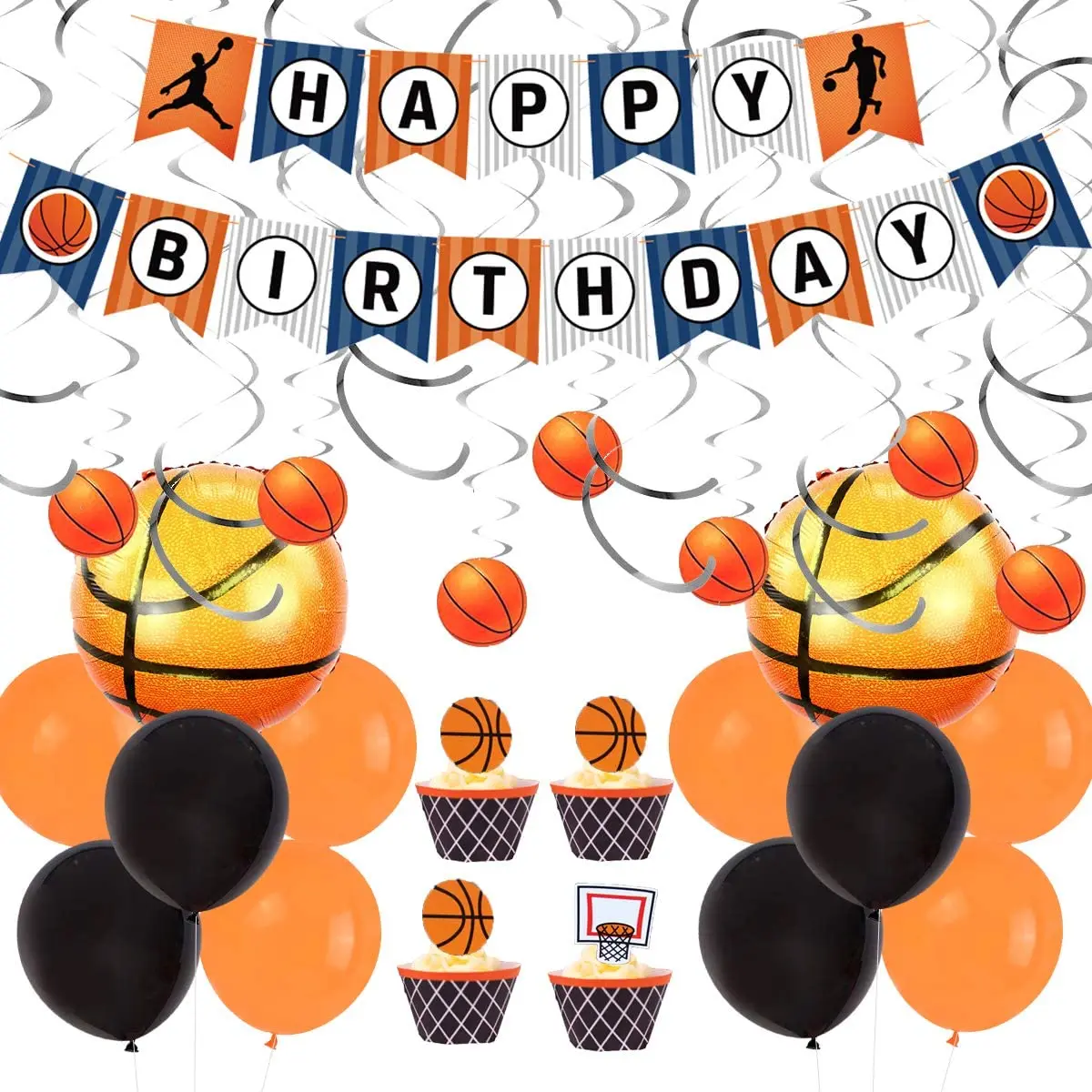 

Basketball Birthday Party Decorations Set with Banner Hanging Swirl Cake Topper and Balloons for Boy Sport Theme Party Supplies