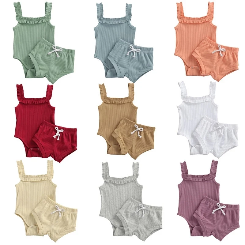 

New 9 Colors Baby Clothing Outfits 2Pcs Infant Baby Girls Romper Tops + Shorts Summer Baby Clothes Set 0-24 Months
