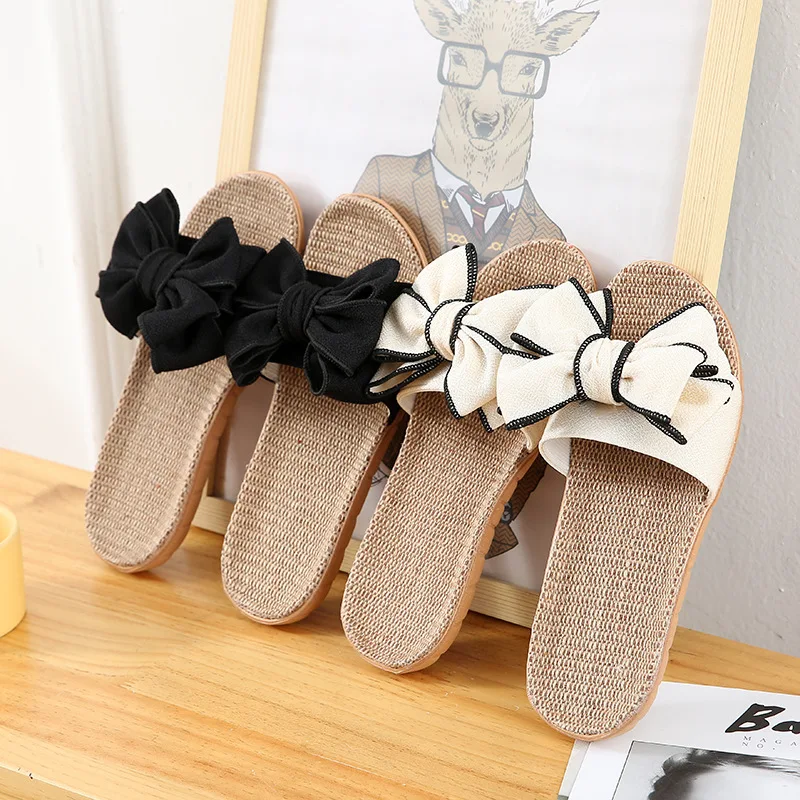 Slippers Women Floor Non Slip Office Cool Slippers Home Lovely Bow Tie Linen Slippers  Mules Shoes Women