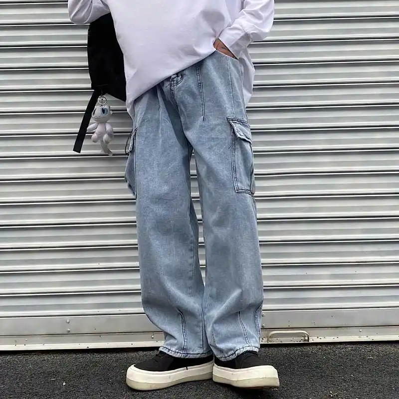 

Pants for Women 2021spring/Summer New Ins Japanese-Style Retro Washed and Worn Pocket Loose Straight-Leg Denim Trousers