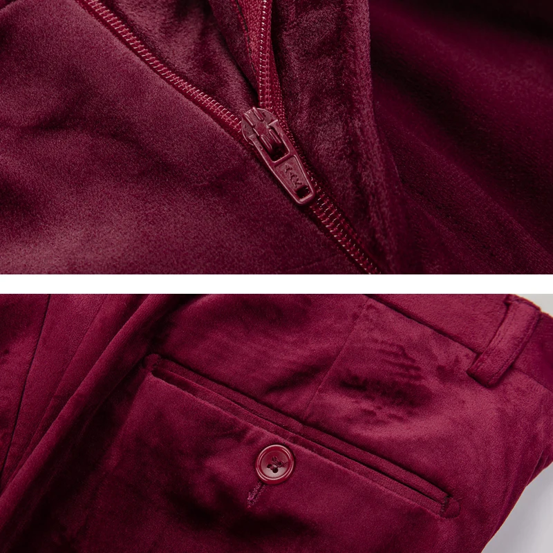 Зимние Бархатные мужские костюмы платье толстый винно красный черный