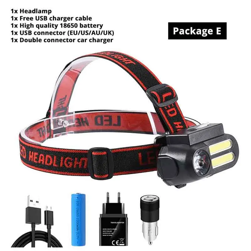 Package E Super Bright LED Headlamp COB Work Light 4 Lighting Mode Waterproof Headlight Powered By 18650 Battery Suit for Night Lighting - Испускаемый цвет: Package E