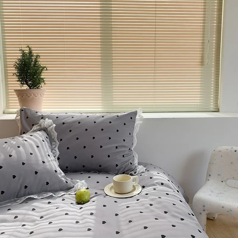 Girls Bedding Set Reversible Gray White Heart print Duvet Cover 100%Cotton Lace 4Pcs Queen Twin Ultra Soft bed sheet | Дом и сад