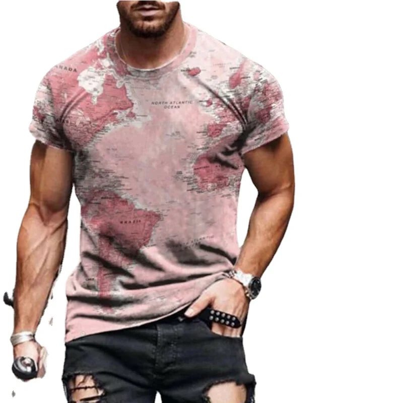 

Men Summer Crew Neck Short Sleeve Tops Map Printed Holiday Casual Loose T-shirt
