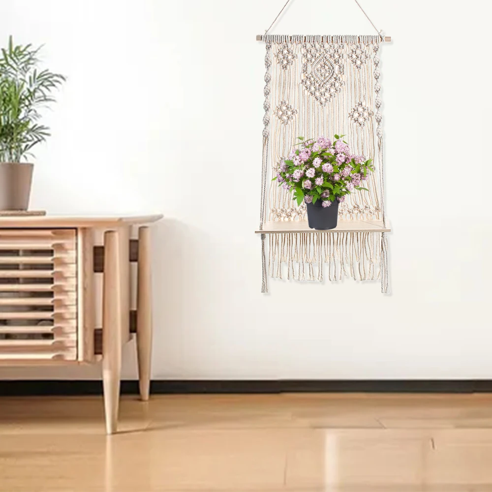 Soporte para maceta de flores para colgar en la pared, estante de almacenamiento de tapiz bohemio, dise&ntilde;o &uacute;nico hecho a mano, 36x65cm, decoraci&oacute;n Bohemia para el hogar-2