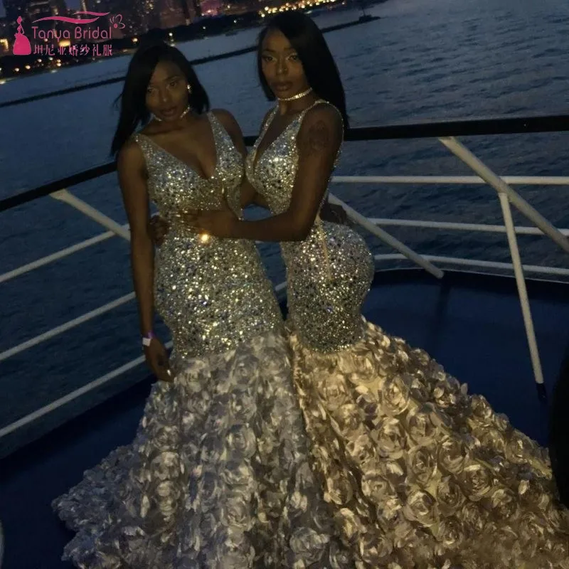Bling Bling Mermaid Prom Dresses Sexy Deep V Neck Beads Crystals 3D Rose Floral For Black Girls African Evening Dresses W004
