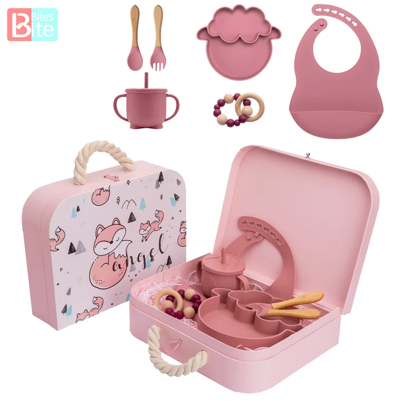 Baby Silicone Feeding Tableware Sets with Exquisite Box Food Grade Non-Slip Crockery BPA Free Feeding Sets for Baby Birth Gifts