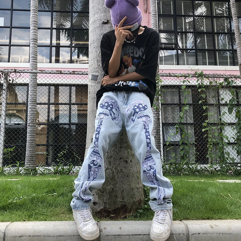 Fashion Skull Paisley Printed Denim Jeans Pants Mens Straight Zipper Trousers Hip Hop Streetwear Long Jean Pant Casual Joggers