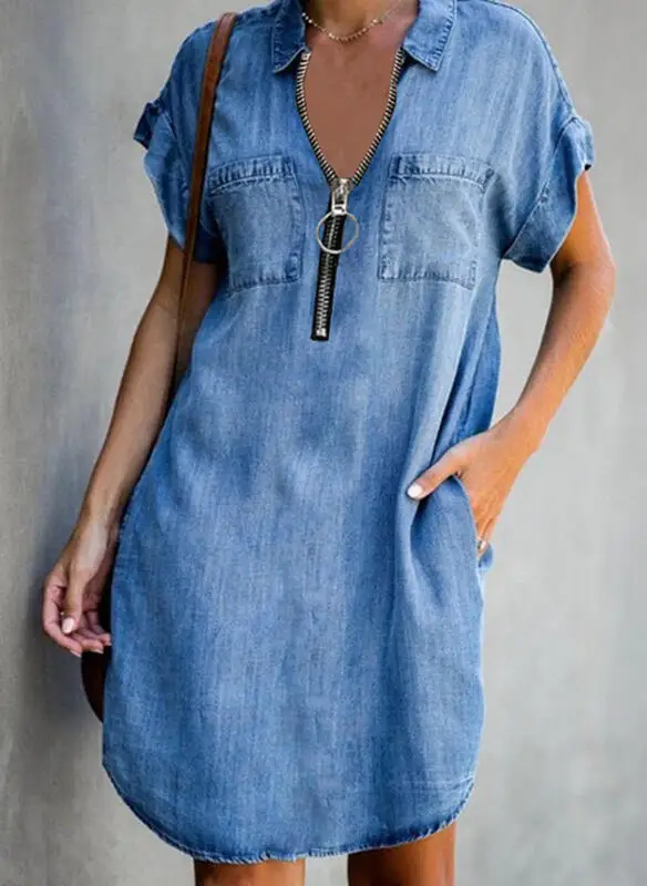 

V-Neck Demin Dress Women Summer Cotton Short Sleeve Zipper Dresses Female Fashion Jeans Pocket Dresses Vestido