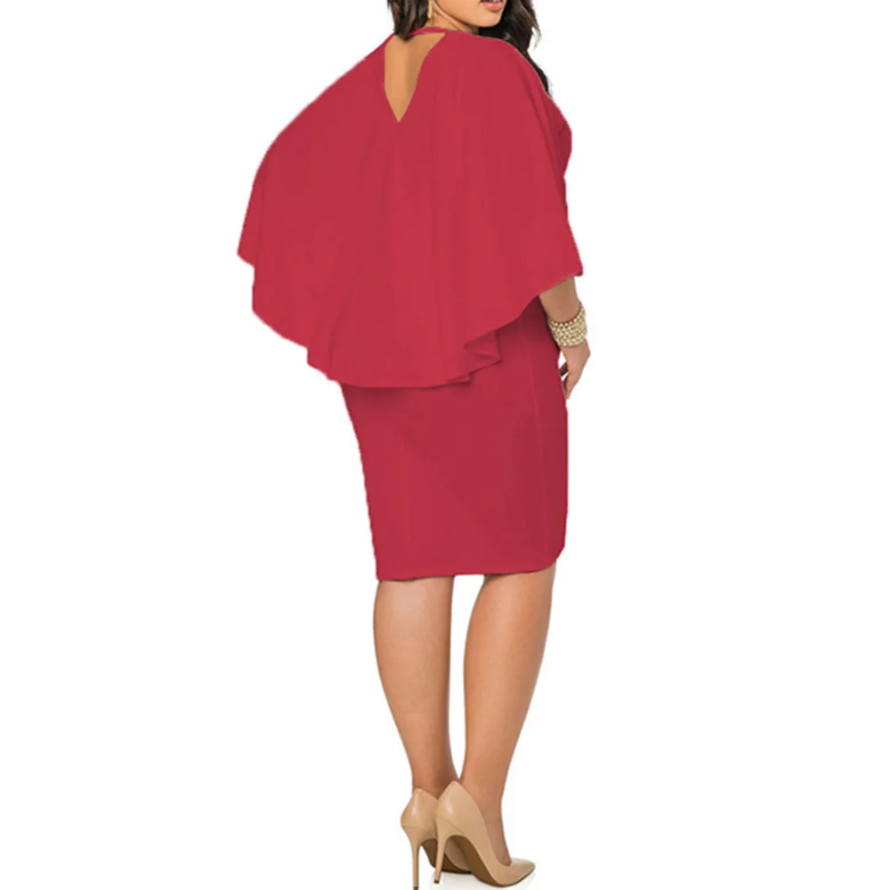 

Office Lady Spring Summer Women's Dress Fashion Temperament Elegant Designer Oversize Sexy Cape Sleeve V-neck