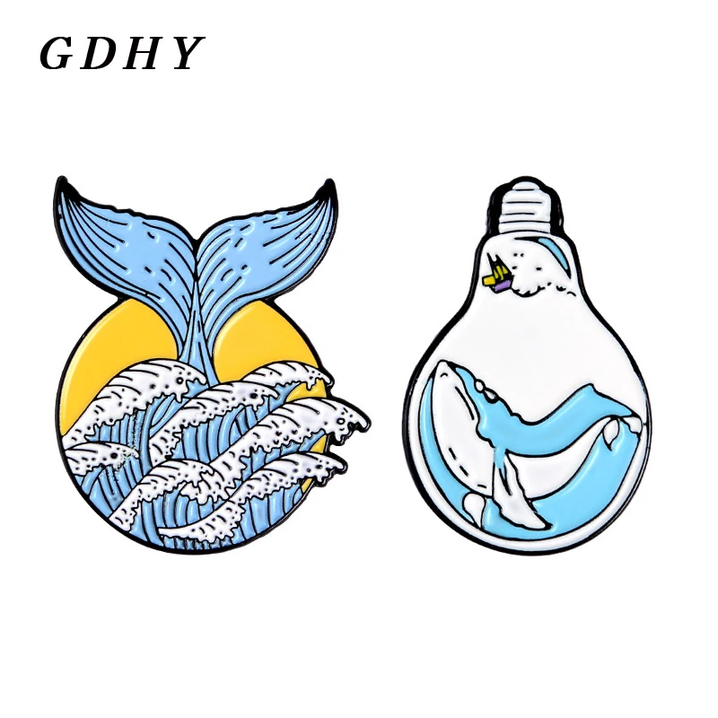 GDHY Blue Ocean Wave Mermaid tail and Whale Bulb Pins Brooch Summer Sea wave Enamel pin Badge Jewelry for Kids | Украшения и
