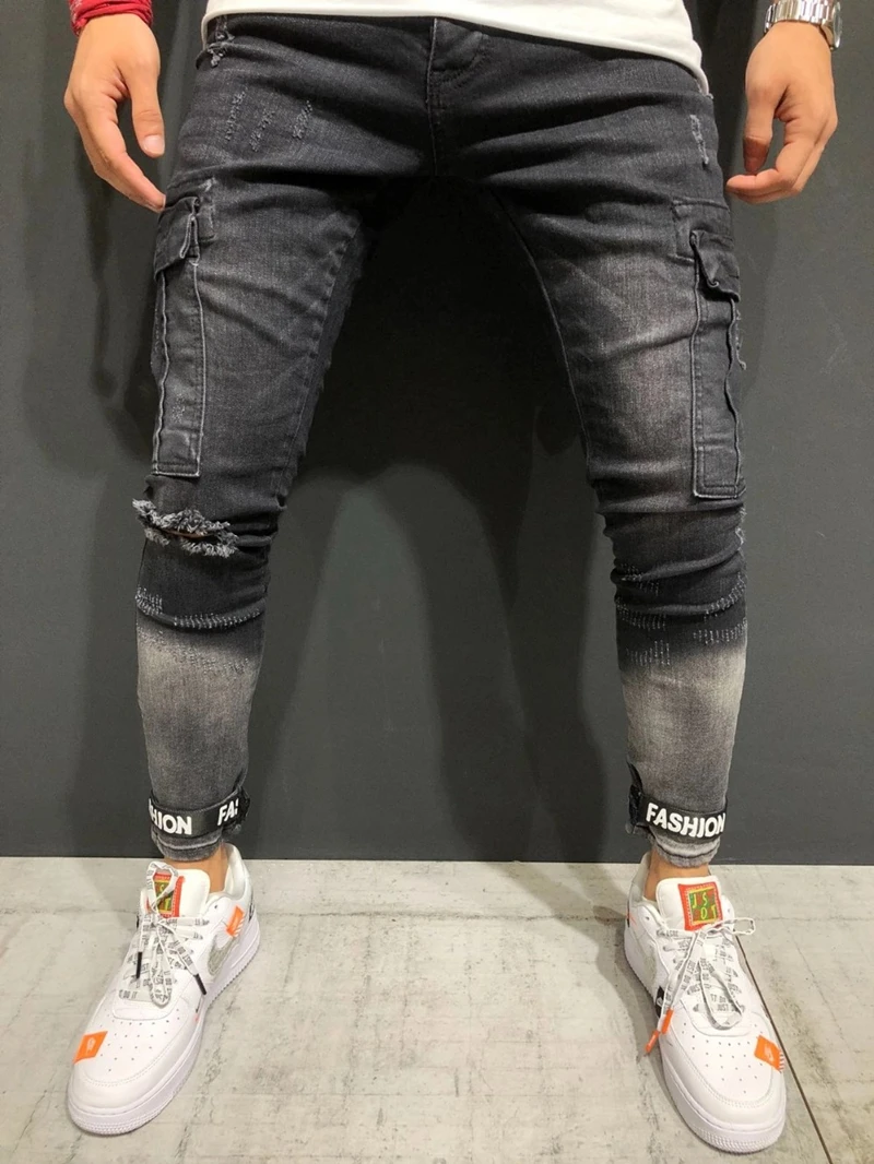 

Many colours new Men Multi-pocket Skinny Biker Jeans Motorcycle Hip hop Streetwear elastic Slim fit Cargo Joggers Denim pant
