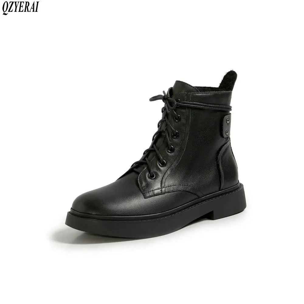 

2020 autumn and winter Genuine leather Female boots Riding boots Women's boots warm cowhide Lace-up shoes
