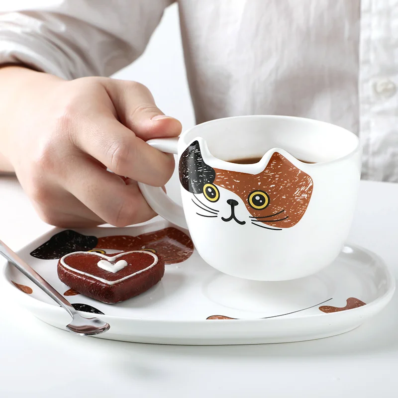 Милый Кот керамика кофейная кружка набор рукоятка животные кружки с поддоном