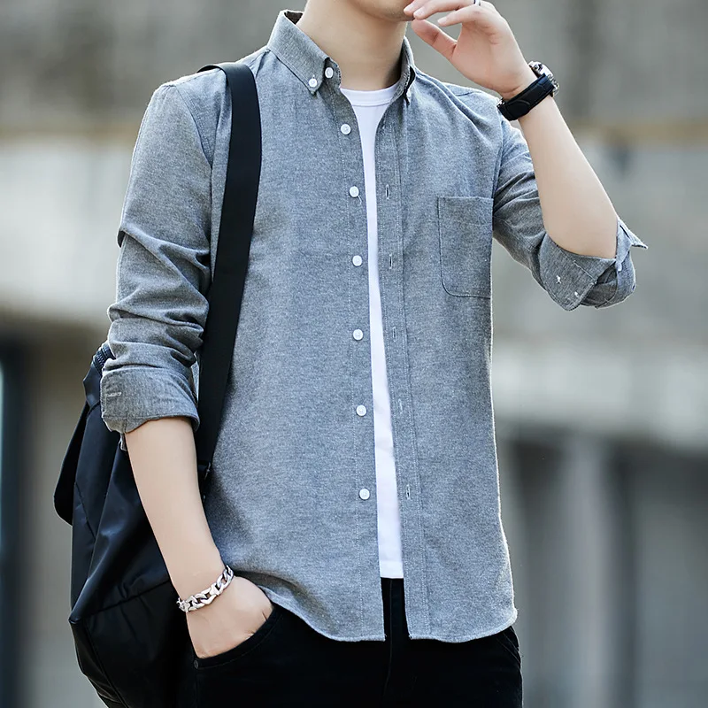 

Men's Oxford Spinning Shirt Youth Self-cultivation Solid Color Long Sleeve Shirt Summer Casual Loose Wild Shirts