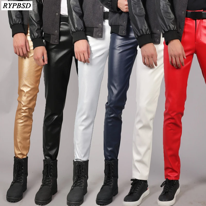

PU Leather Pants Men Slim Fit Stretch Fashion Casual High Quality Zipper Skinny Nightclub Faux Mens Leather Pants Plus Size 38