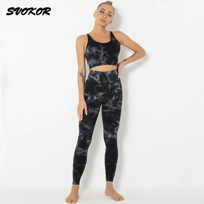 

SVOKOR Tie Dye Sportswear Women Seamless Yoga Set Workout Fitness Leggings Sportswear Shockproof Sports Bra Tracksuit