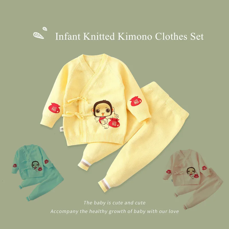 

Infant Knitted Kimono Clothes Set Newborn Cotton Underwear Baby Sweater Fine Wool Thin Section Cartoon Monkey Bow Tie 0-6M