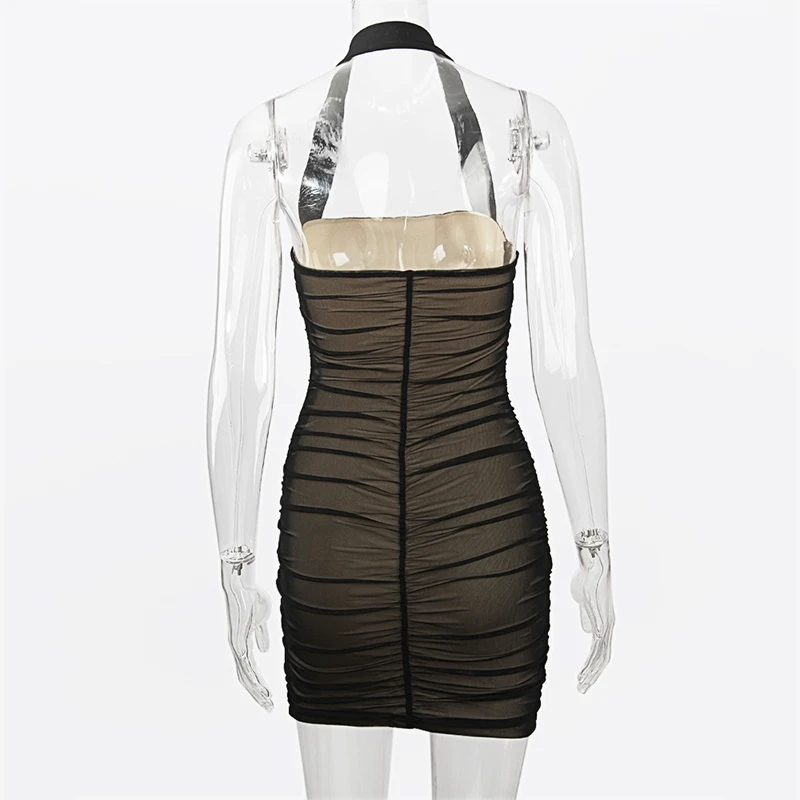 

ONEINALL Solid Mesh Dress For Women Halter Collar Sleeveless Backless High Waist Ruched Slim Mini Dress Female 2021 Fashion New