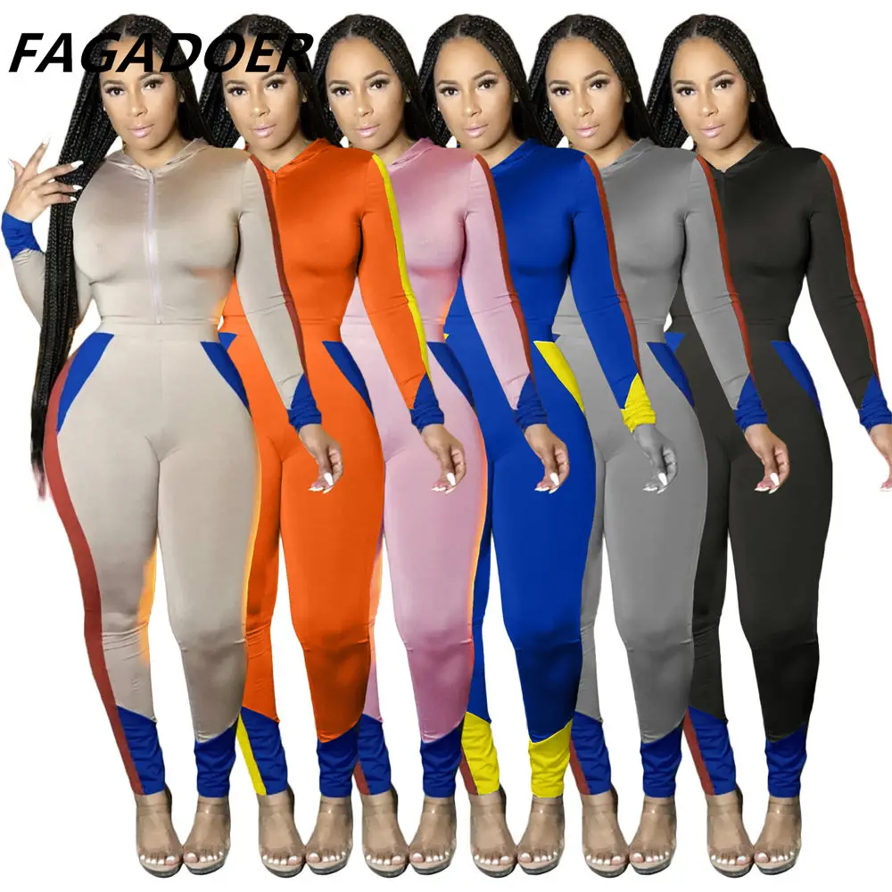 

FAGADOER Skinny Sport Two Piece Set Women Hoodie Zip Coat + Bodycon Pants Outfits Casual Patchwork Tracksuits Autumn 2021