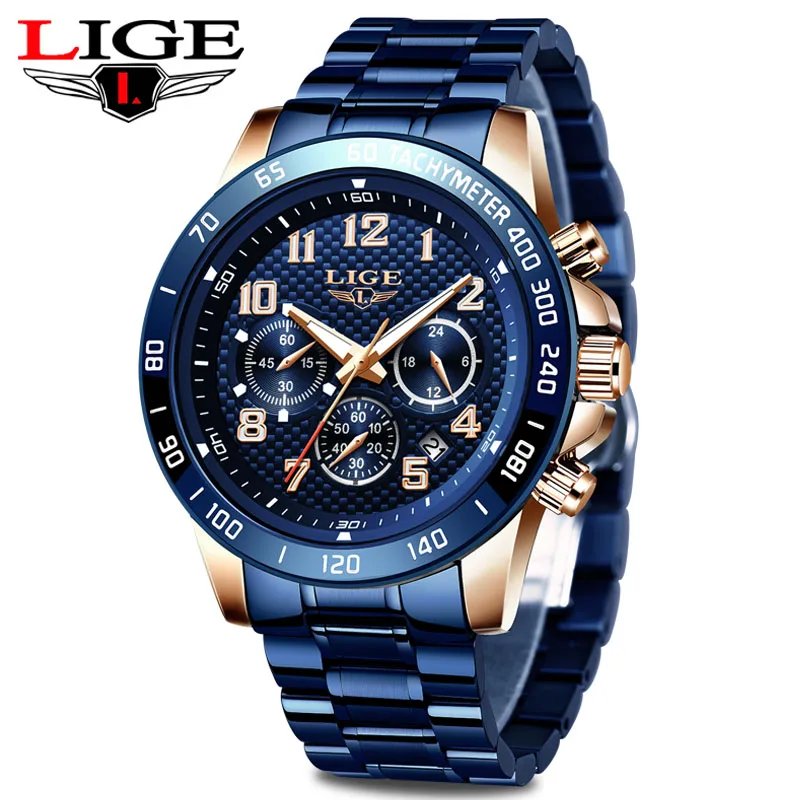 Часы наручные LIGE мужские с хронографом повседневные спортивные брендовые