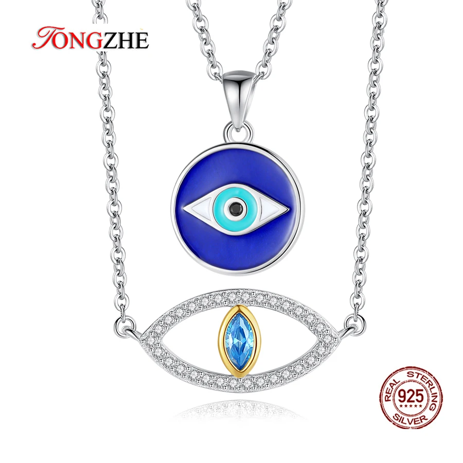 

TONGZHE Evil Eye Lucky 925 Sterling Silver Necklaces For Woman With Crystal Cubic Zirconia Blue Eye CZ Necklace Turkish Jewelry