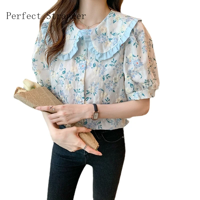 

2021 LeisureWomens Tops and Blouses Short Sleeve Shirts Women Sailor Collar Chiffon Women's Blouse Vintage Top Female
