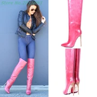 pereira zipper over the knee rosy red boots thin high heel leather sexy pointed toe runway women boots back zip up ladies shoes