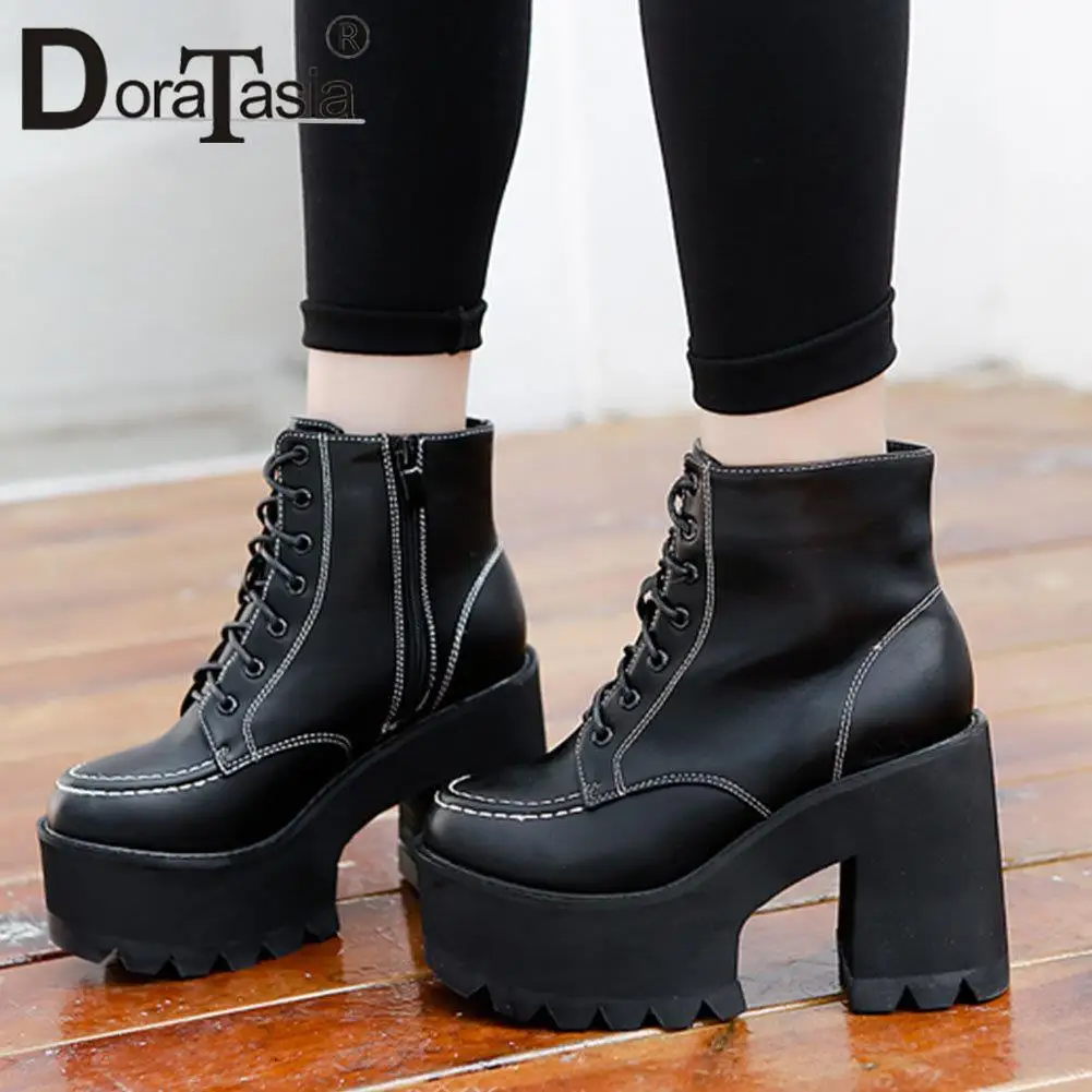 

Женские офисные Ботильоны на молнии DORATASIA, высокие ботинки на шнуровке с круглым носком, Уличная обувь для вечеринки, 2021