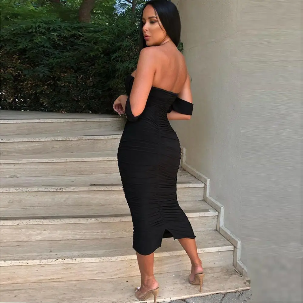 2020 Fashion Club Dresses Sexy Off Shoulder Ruched Bodycon Midi Dress Double Layered Mesh Draped Party Night Outfits Women | Женская