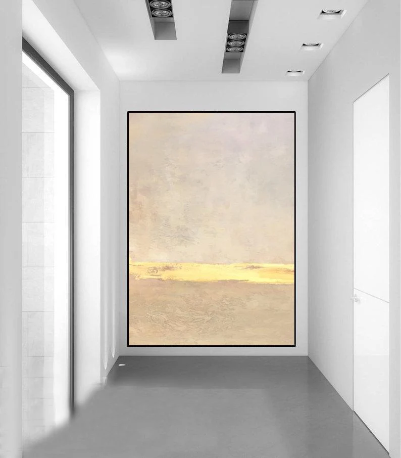 Большая абстрактная живопись холст серая и бежевая золотые листья минимальное