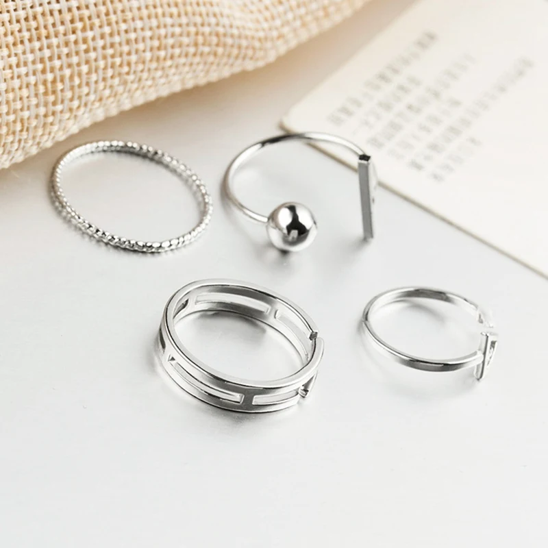 

2021 Trend Fashion 4 Pcs/Set Korean Style Rings Simple Joker Metal Finger Ring Silver Color Adjustable For Women Gift Ring set