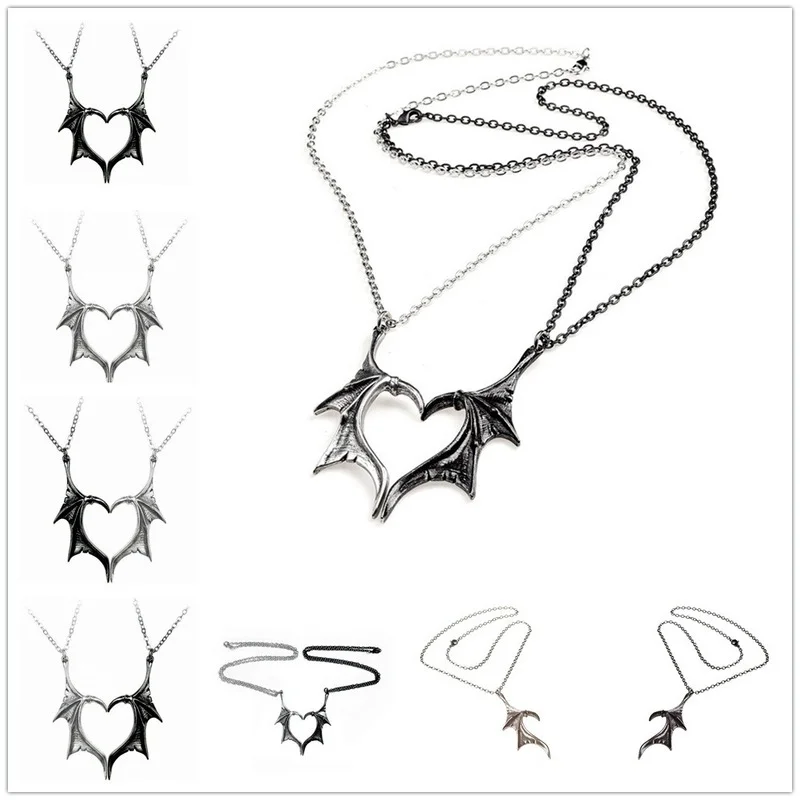 

A Pair of Niche Design Devil Wings Couple Pendant Necklace Trendy Creative Irregular Vintage Clavicle Chain Lovers Friends Gift