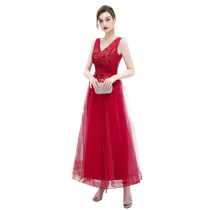 

Robe De Soiree Fashion Wine Red V Neck Evening Dresses Luxury Sleeveless Embroidery Applique Evening Gown Bride Toast Dress
