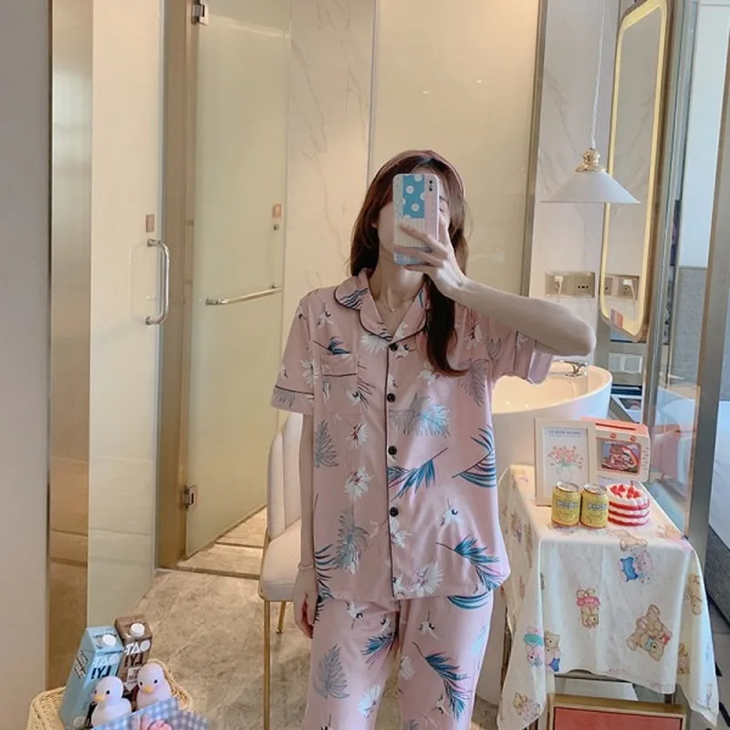 

Summer New Cartoon Dandelion Print Women Pajamas Set Short Sleeve Cardigan Pyjamas 2 Piece Suit Female Lapel Home Sleepwear