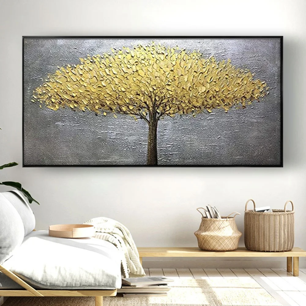 

Nordic Fashion Home Decoration Painting Hand-painted Beautiful Oil Painting Yellow 3D Textured Leaves A Big Tree Salon Mural art