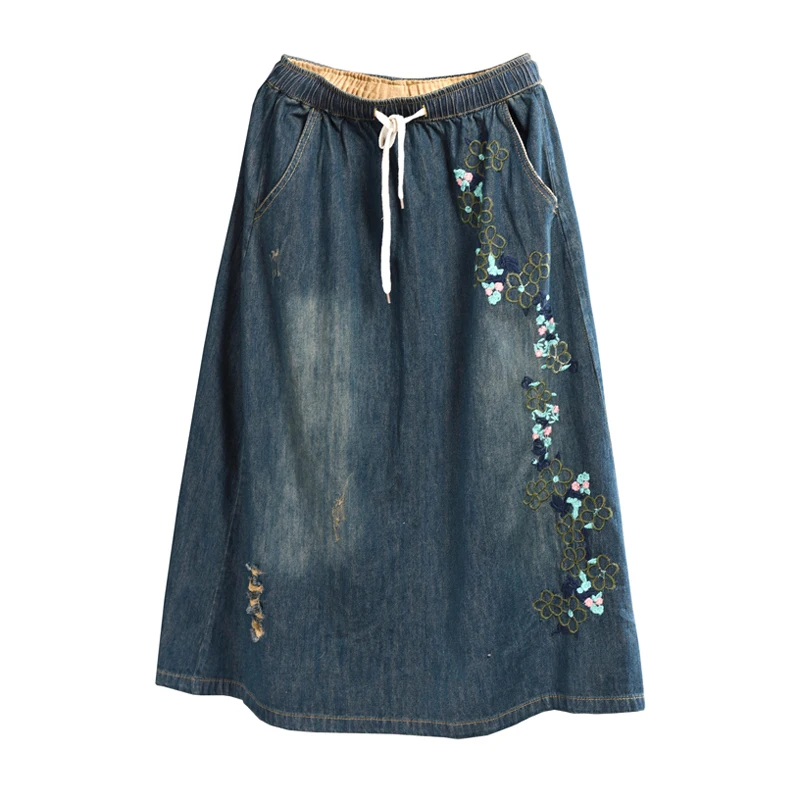 Women Denim Skirt Retro Vintage Fashion Long Loose Elastic Waist Embroidery Floral Print A09101369 | Женская одежда