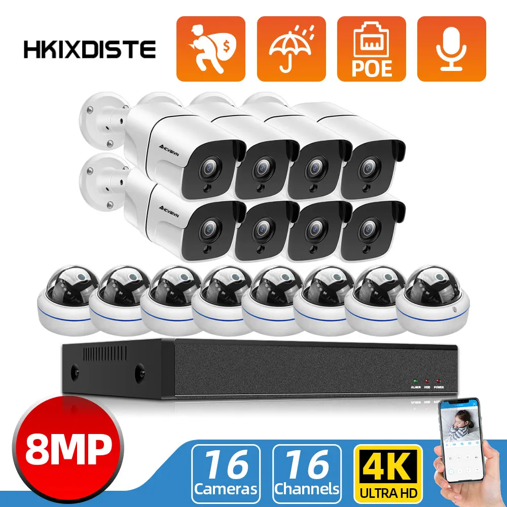 

4K Ultra HD 16CH POE NVR Kit H.265 CCTV Camera Security System 8MP Bullet Dome IR Outdoor Night Vision комплекты видеонаблюдения